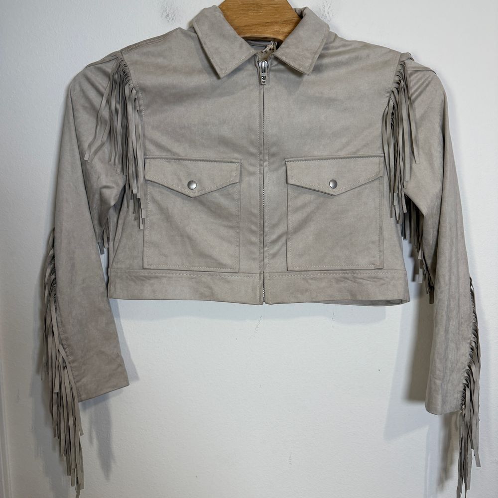 BLANK NYC Gray Suede Fringe Cropped Western Jacket Size L Boho Festival Wear NWT